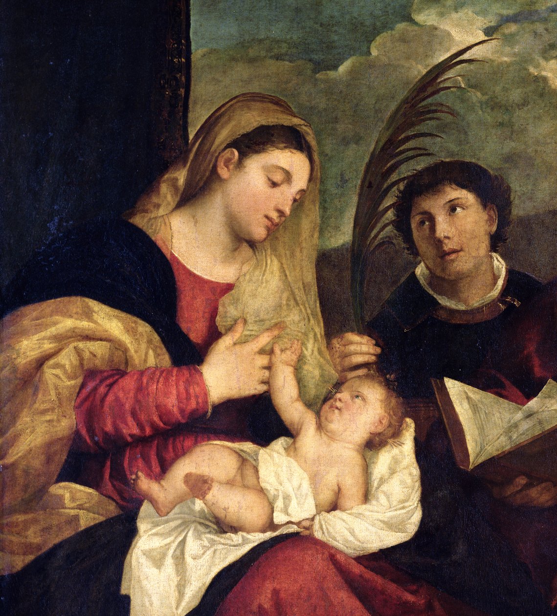 Madonna och barn med SS. Stephen, Jerome och Maurice (detalj av 108505) av Tiziano Vecelli