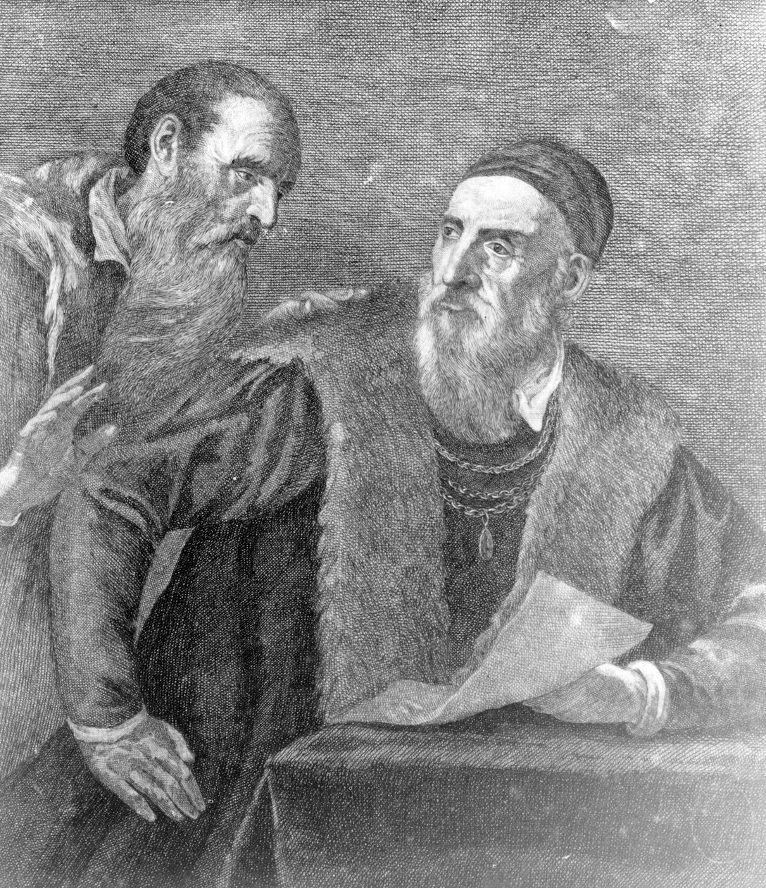 Porträtt av Tizian målat av honom själv med sin vän Don Francesco del Mosaico av Tiziano Vecelli