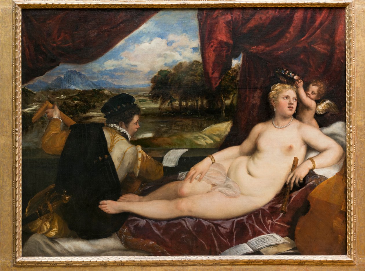 Venus och Amor med en lutspelare, 1555-65 av Tiziano Vecelli