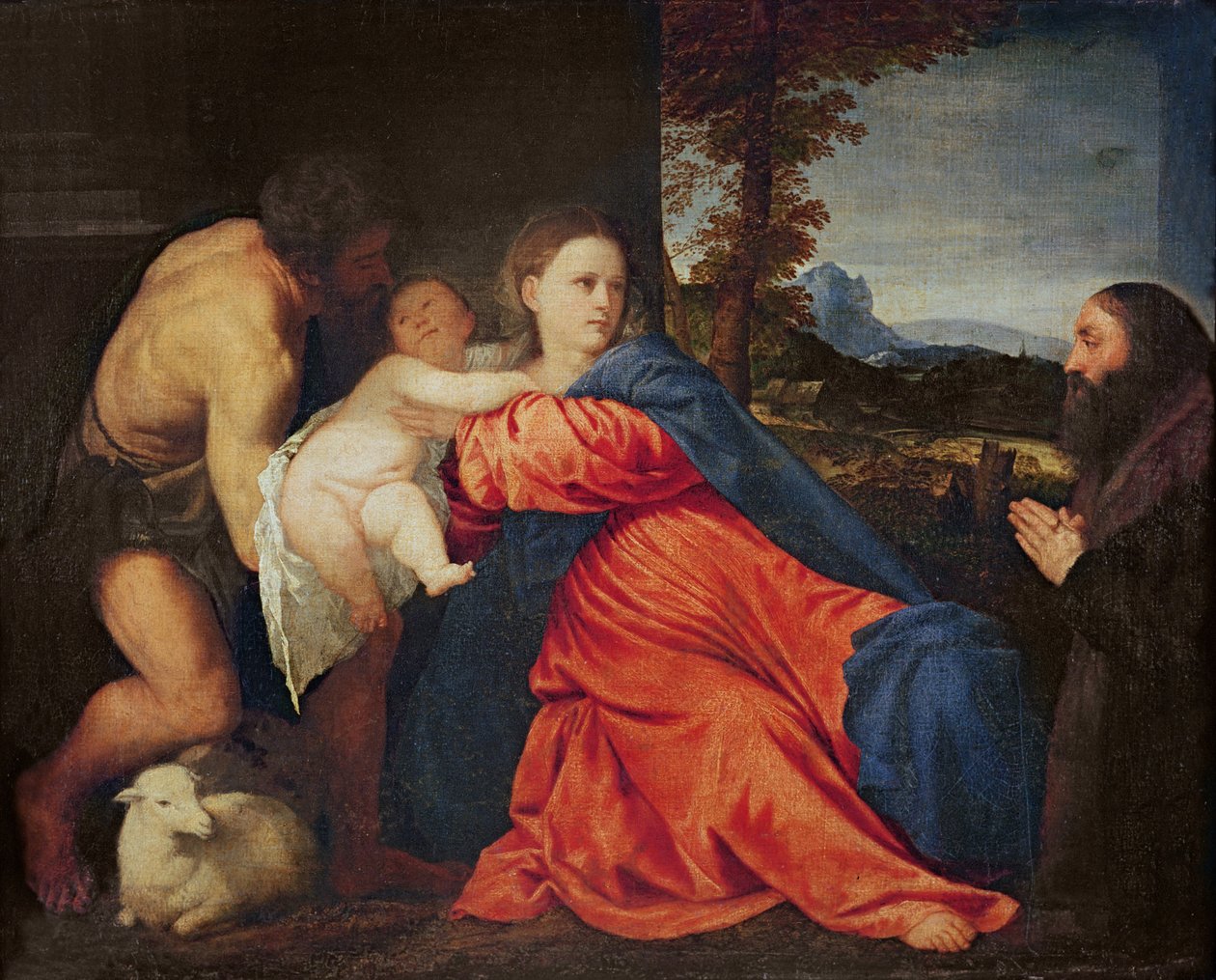 Jungfru och spädbarn med Johannes Döparen och givaren av Tiziano Vecelli