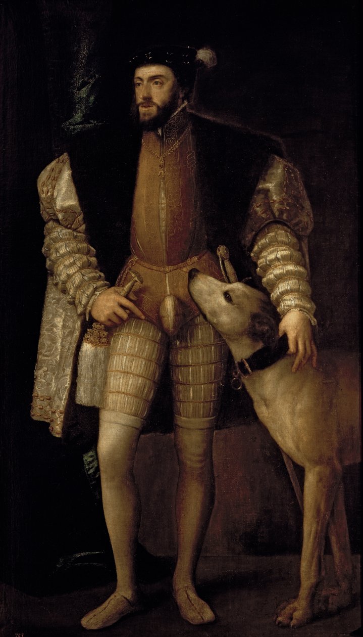 Karl V (1500-58) tysk-romersk kejsare och kung av Spanien med sin hund, 1533 av Tiziano Vecelli