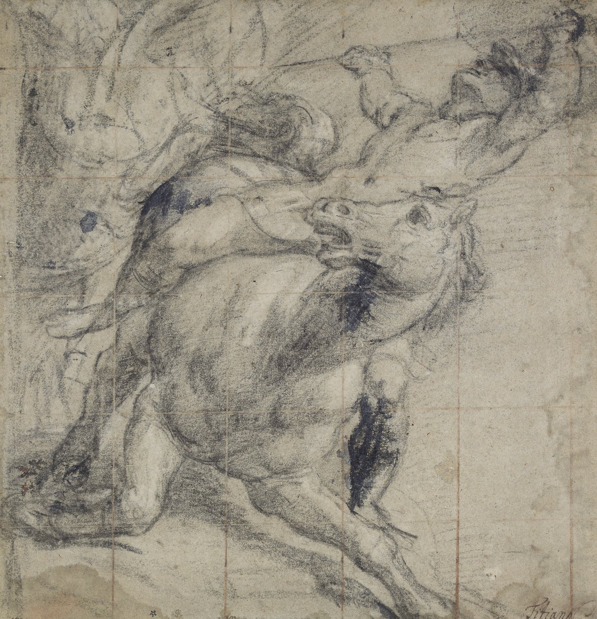 Häst och ryttare faller, c. 1537 (svart krita på grått papper) av Tiziano Vecelli