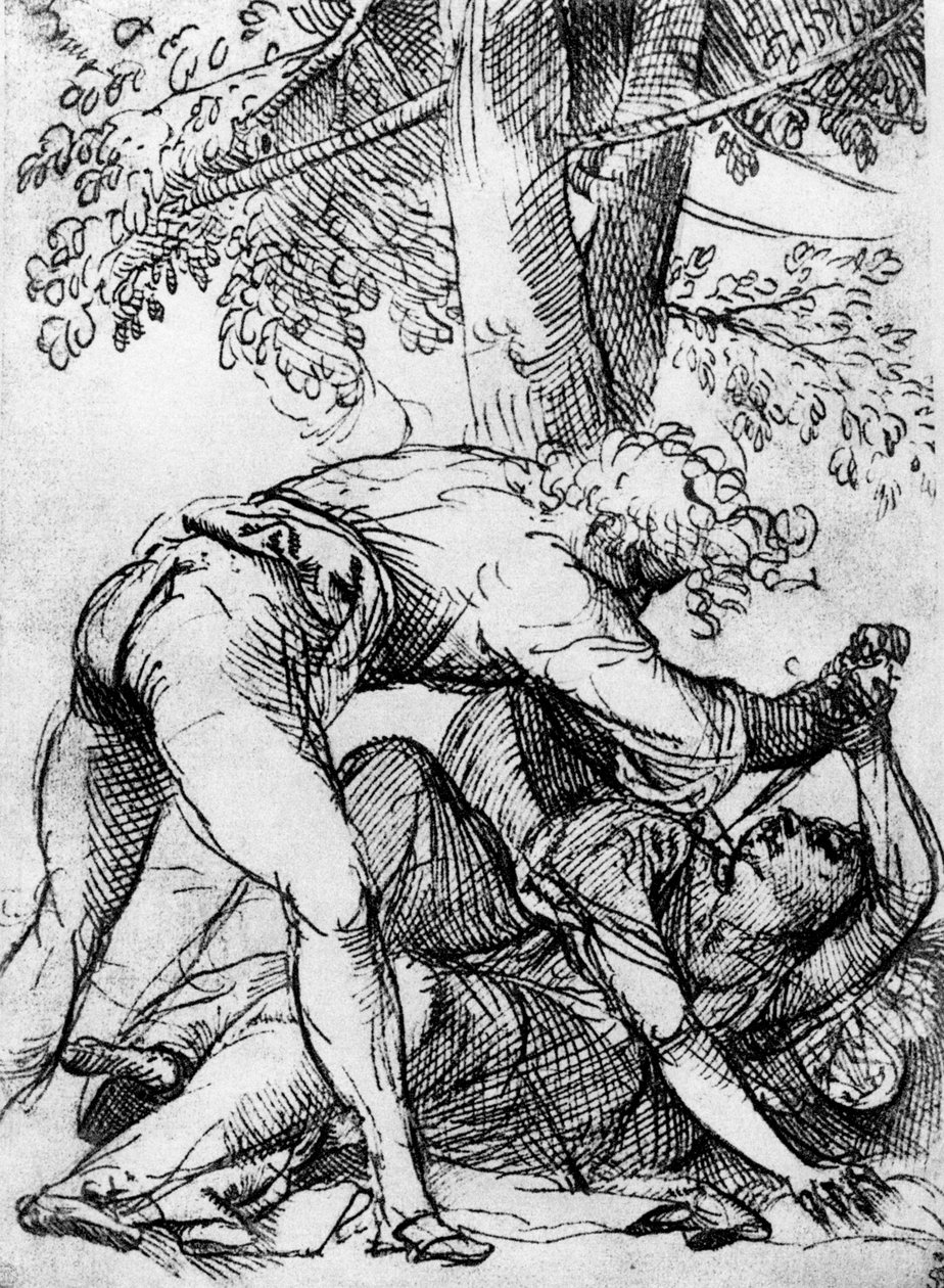 Skiss för den svartsjuka maken i Scuola Del Santo, c1510, 1937 av Tiziano Vecelli