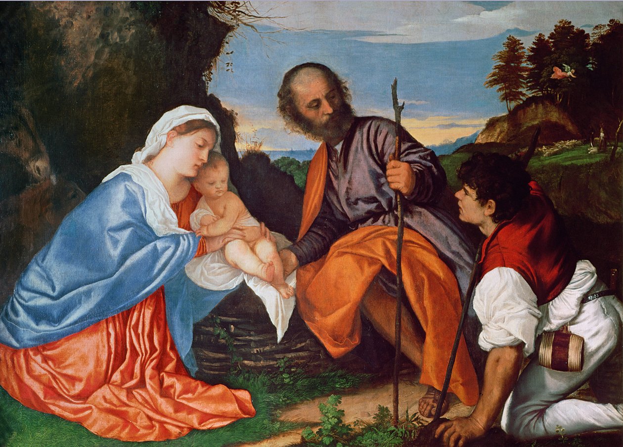 Den heliga familjen och en herde, ca 1510 av Tiziano Vecelli