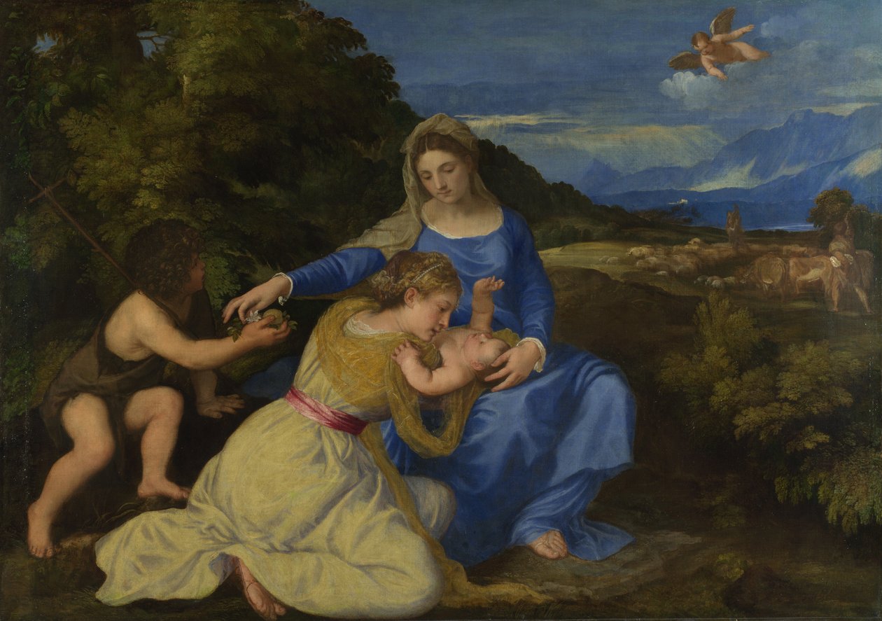 Jungfrun och barnet med den unge Johannes Döparen The Aldobrandini Madonna, ca 1532 av Tiziano Vecelli
