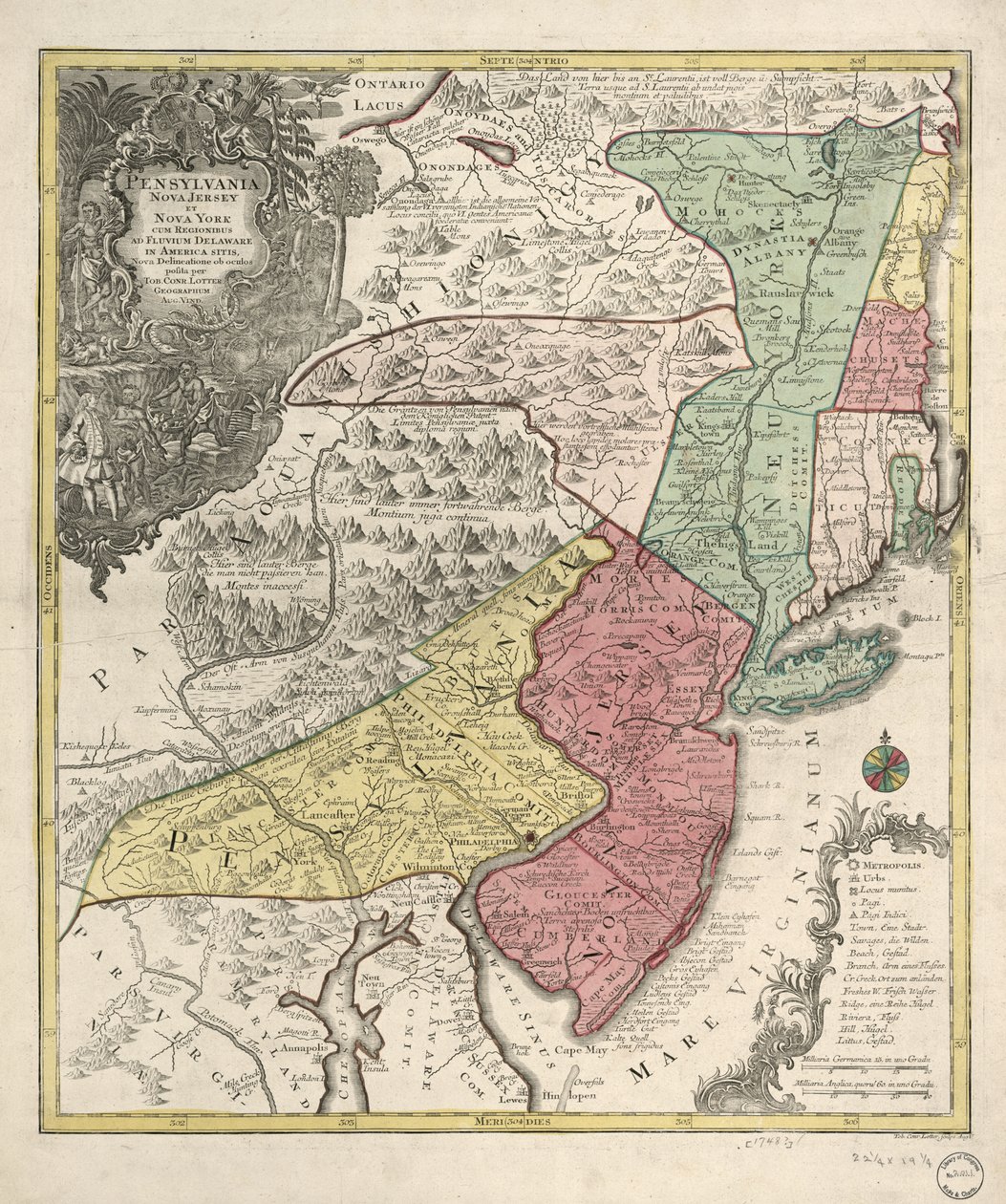 Relief visad bildmässigt. Täcker också New England (förvrängd) och norra Chesapeake-regionen. Titel på latin; anteckningar på tyska och latin; legend på latin, tyska och engelska. Oidentifierad meridian. Provinser angivna av kol. tvättar; landskap och län  av Tobias Conrad Lotter