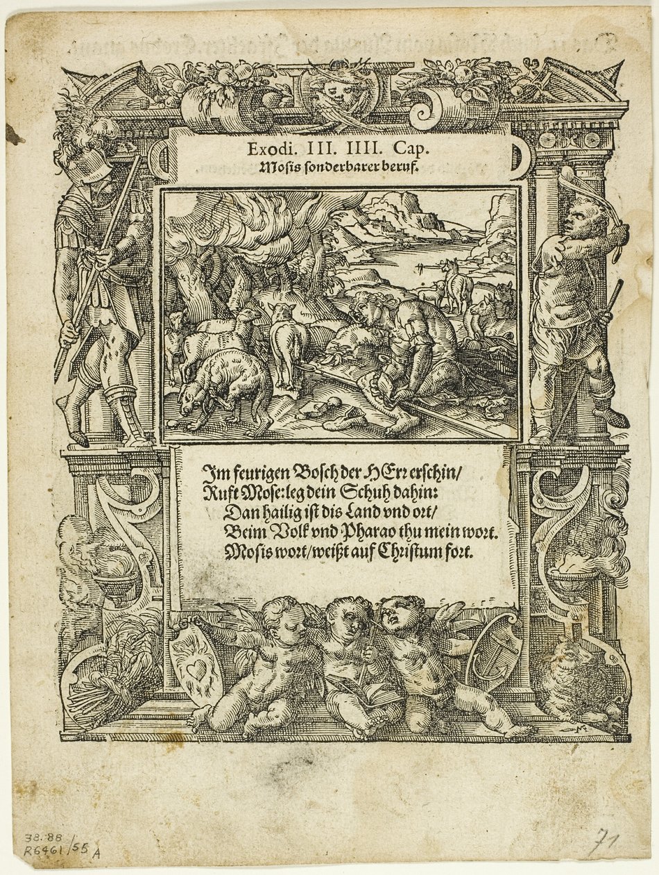 Moses and the Burning Bush (recto) och The Infant Moses Put into the River (verso) från Neue künstliche Figuren biblischer Historien, plåt 55 från Woodcuts from Books of the XVI Century av Tobias Stimmer
