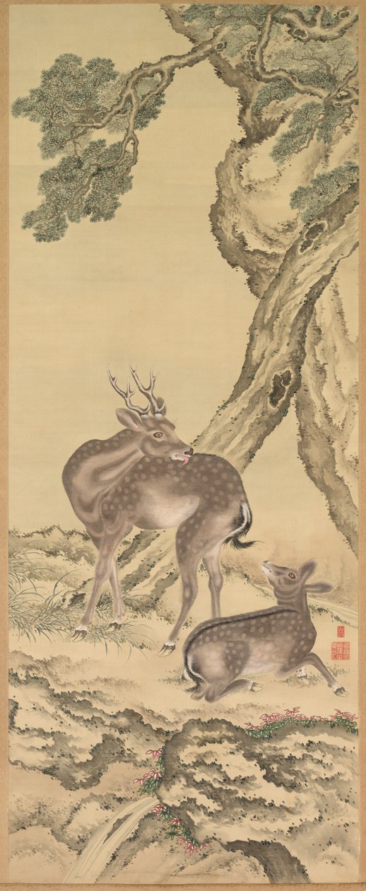 Symboler för livslängd: Rådjur under Peach och Pine Peach vänster, 1801. av Toda Tadanaka