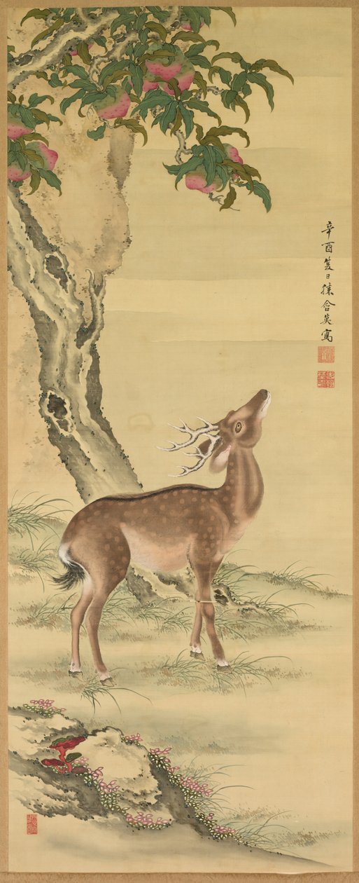 Symboler för livslängd: Deer under Peach and Pine Pine höger, 1801. av Toda Tadanaka