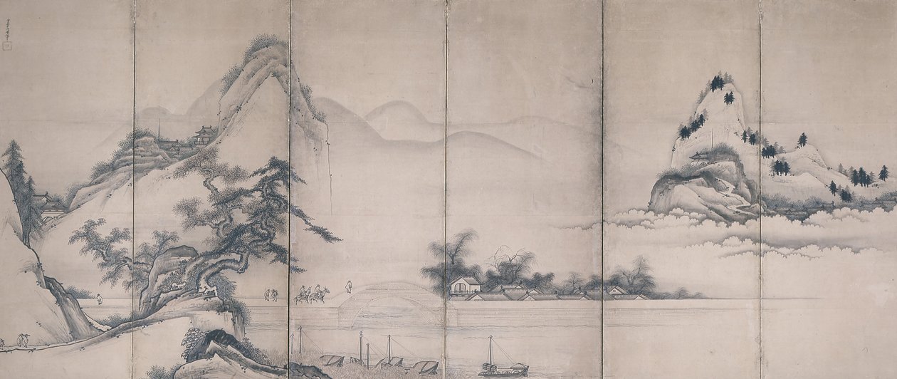 Travellers On A Lakeside Bridge (bläck och färg på papper, sexfaldig skärm) av Toetsu Toetsu