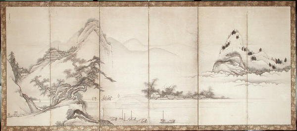 Resenärer på en bro vid sjön, ca 1700 (bläck och färg på papper) av Toetsu Toetsu