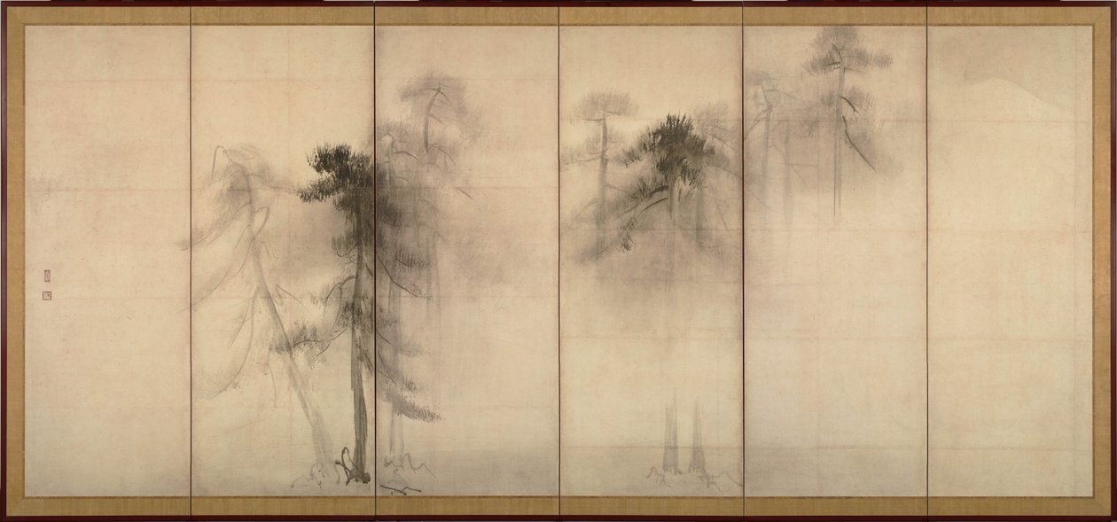 Pine Trees Till vänster om ett par sexsektionerade vikskärmar, 1500-tal av Hasegawa Tohaku