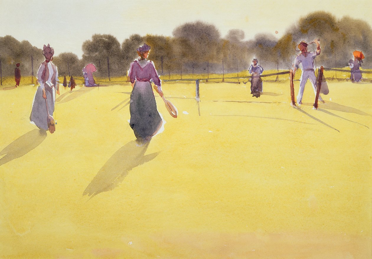 Edwardians at Tennis (akvarell på papper) av Tom Simpson
