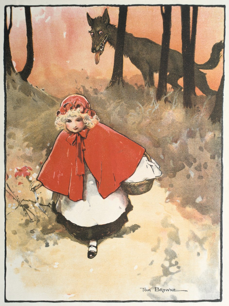Rödluvan på väg till sin mormor observerad av en ondskefull, leende varg. Illustration av Tom Browne (1872-1910) till sagan. Publicerad 1900 av Tom Browne