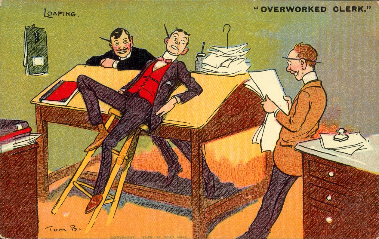 Slöande, överarbetad tjänsteman (färglitografi) av Tom Browne