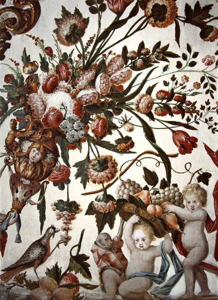 Dekor upplivad med blommor, putti och en fågel (se även 387308) av Tomas Ferrer