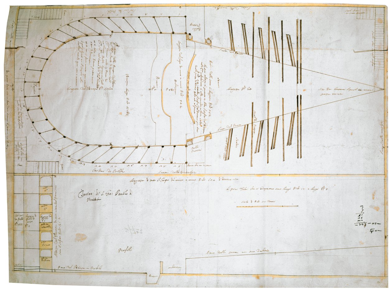 Planritning för Teatro Santi Giovanni e Paolo i Venedig, designad av Carlo Fontana, 1654 (bläck i papper) av Tomaso Bezzi