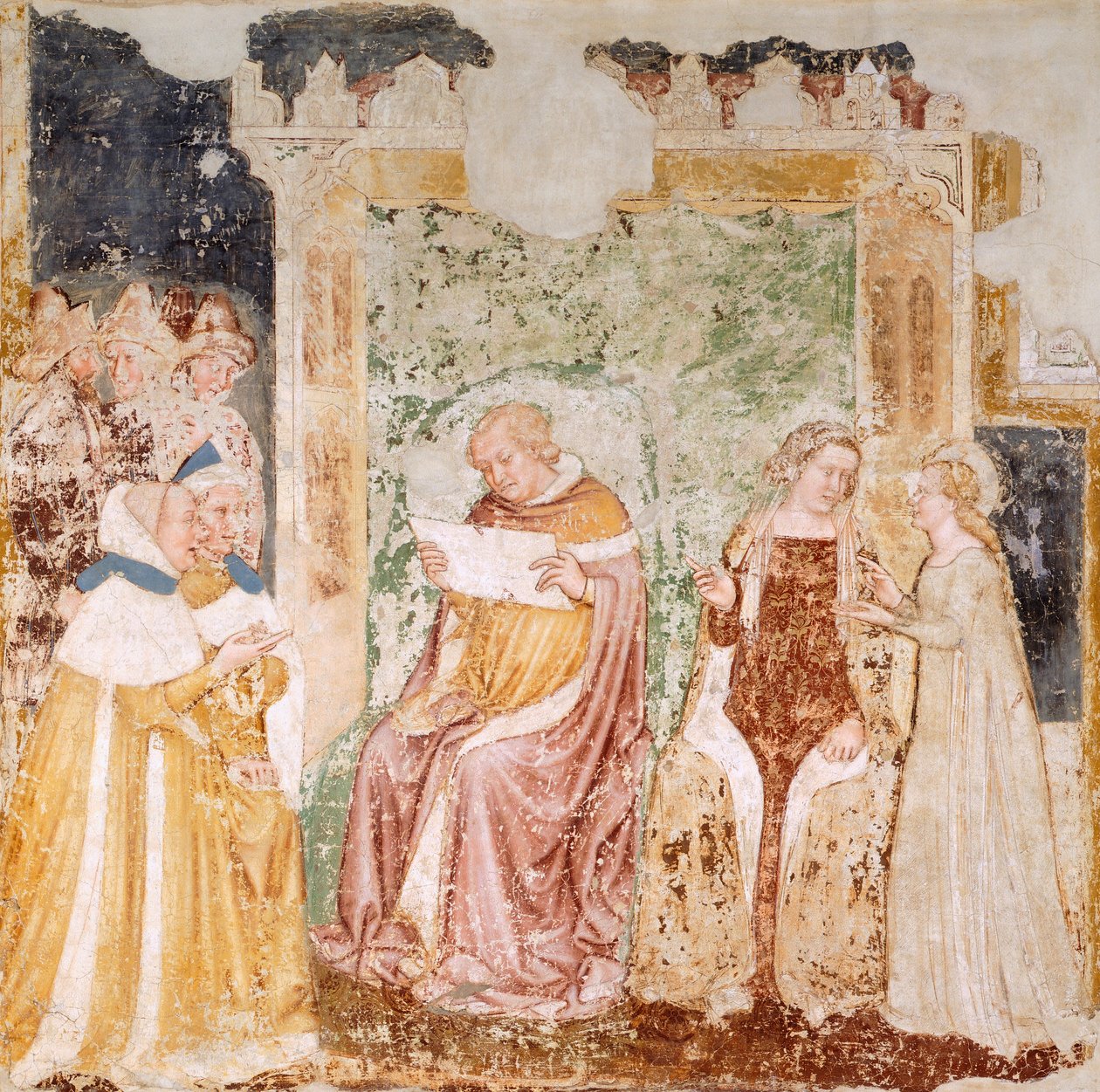 Ambassad till kungen av Bretagne, detalj från Stories of St Ursula, av Tommaso da Modena (1326-1379), fresk, detalj, Church of Santa Caterina, Treviso av Tomaso da (late 15th century) Modena