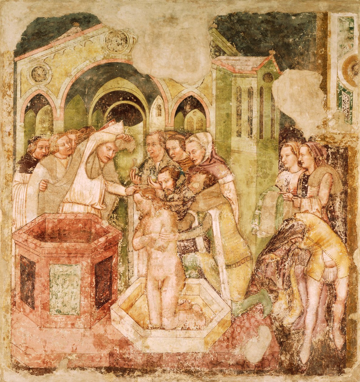 Legend of St Ursula: Baptism of Prince of England, av Tommaso da Modena (1326-1379), fresk, Church of Santa Caterina, Treviso av Tomaso da (late 15th century) Modena