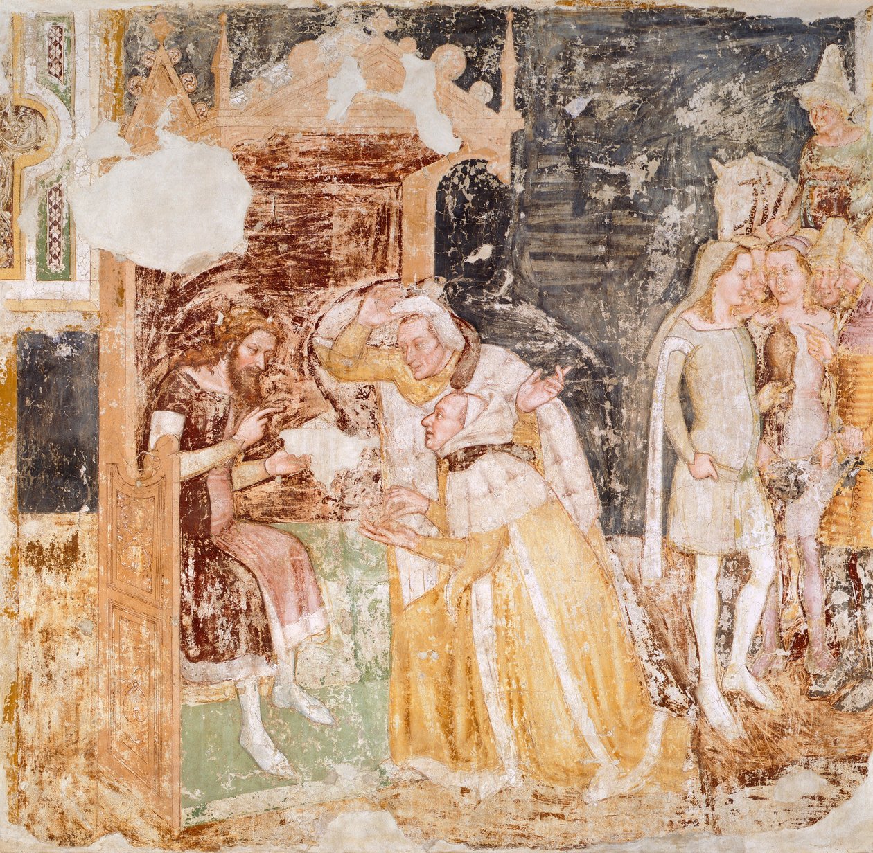Sändningen av ambassadörer från kungen av England, detalj från Stories of St Ursula, av Tommaso da Modena (1326-1379), fresk av Tomaso da (late 15th century) Modena