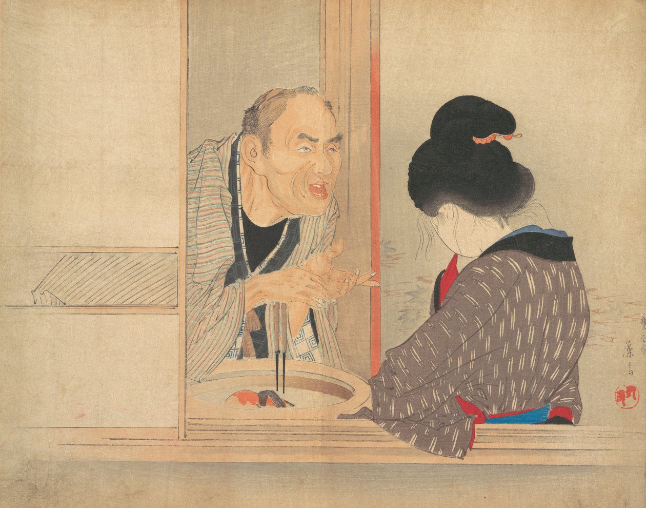 En skällande Ochiyo, illustration från Bugei Kurabu Literary Club. av Tomioka Eisen