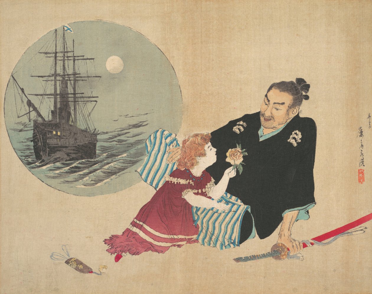 Black Ship, Kurofune, illustration från Bugei Kurabu Literary Club. av Tomioka Eisen
