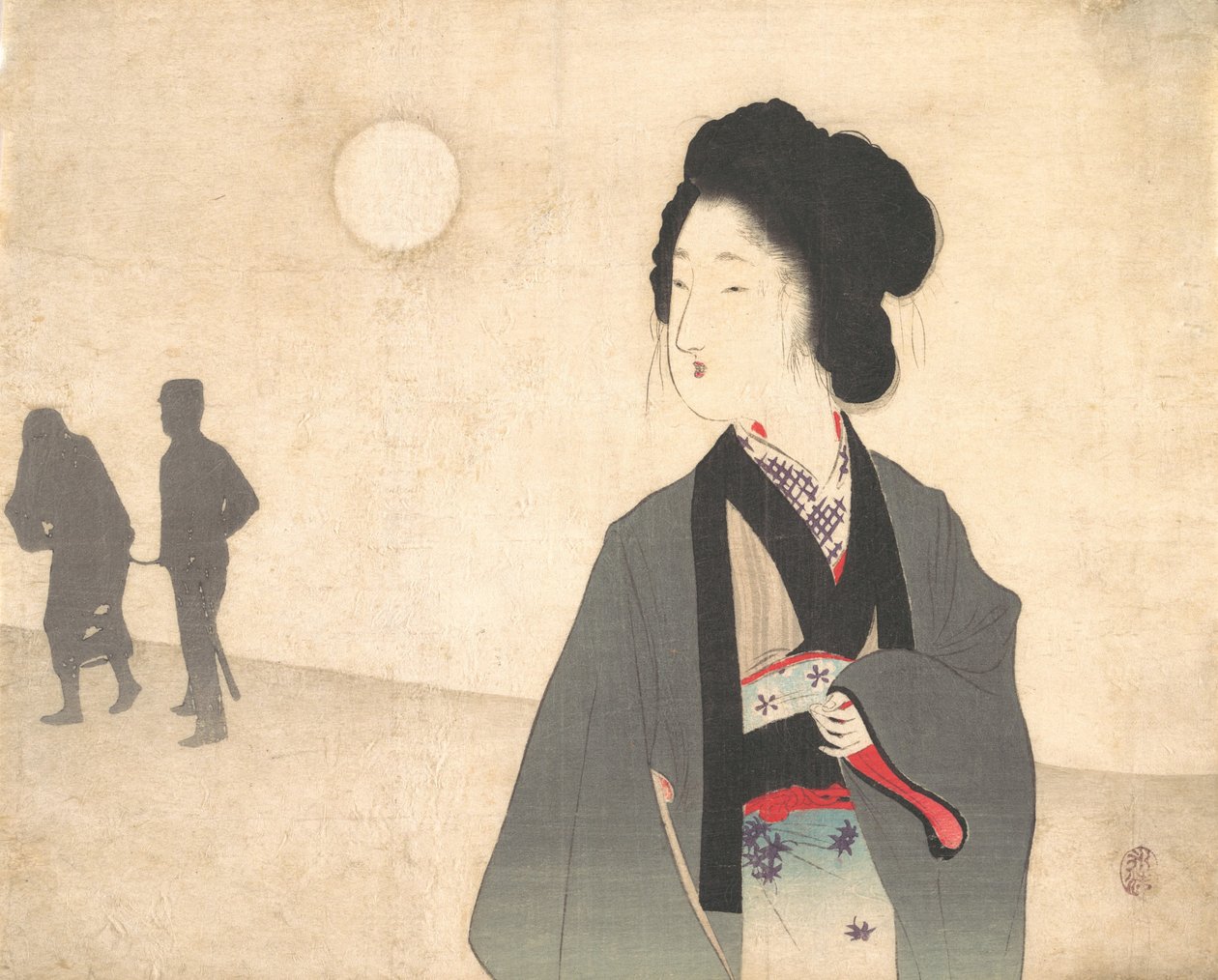Ung kvinna tittar på siluetten av en manlig fånge som leds bort, tidigt 1900-tal. av Tomioka Eisen