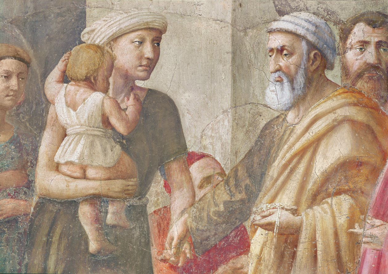 Detalj av St Peter och kvinnan och barnet, från St. Peter och St. Paul Distributing Alms, c.1426 (fresk) (detalj av 57194) av Tommaso Masaccio