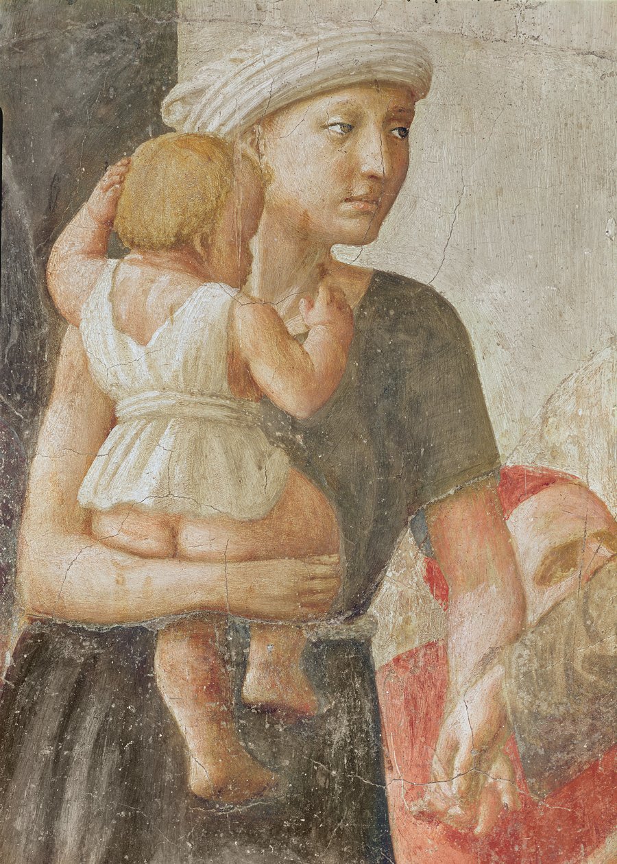 Detalj av kvinnan och barnet, från St. Peter and St. Paul Distributing Alms, c.1427 (detalj av 57194) av Tommaso Masaccio
