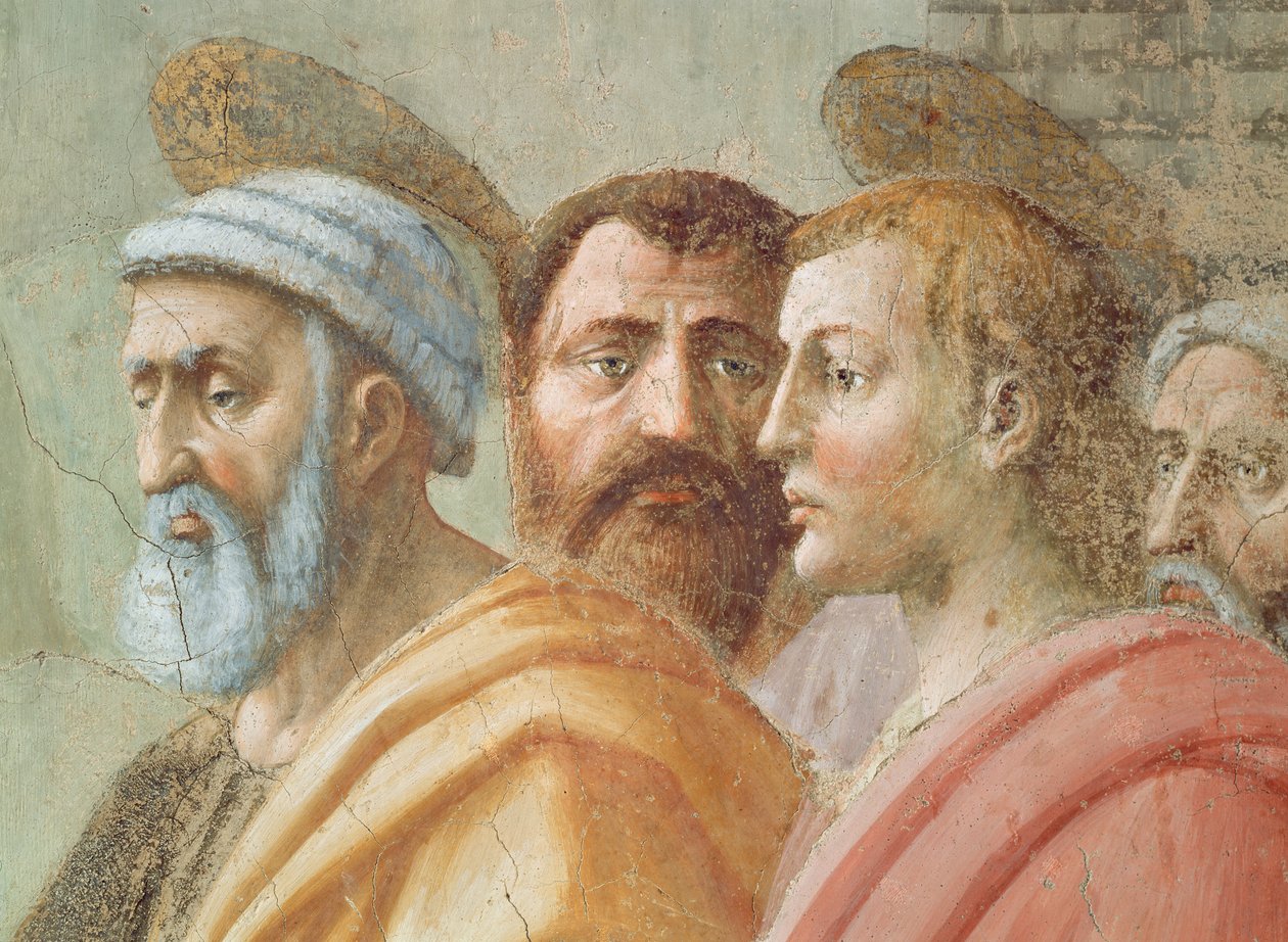 St Peter distribuerar kyrkans gemensamma gods och Ananias död: detalj av ansikten, inklusive St Peter, ca 1427 av Tommaso Masaccio
