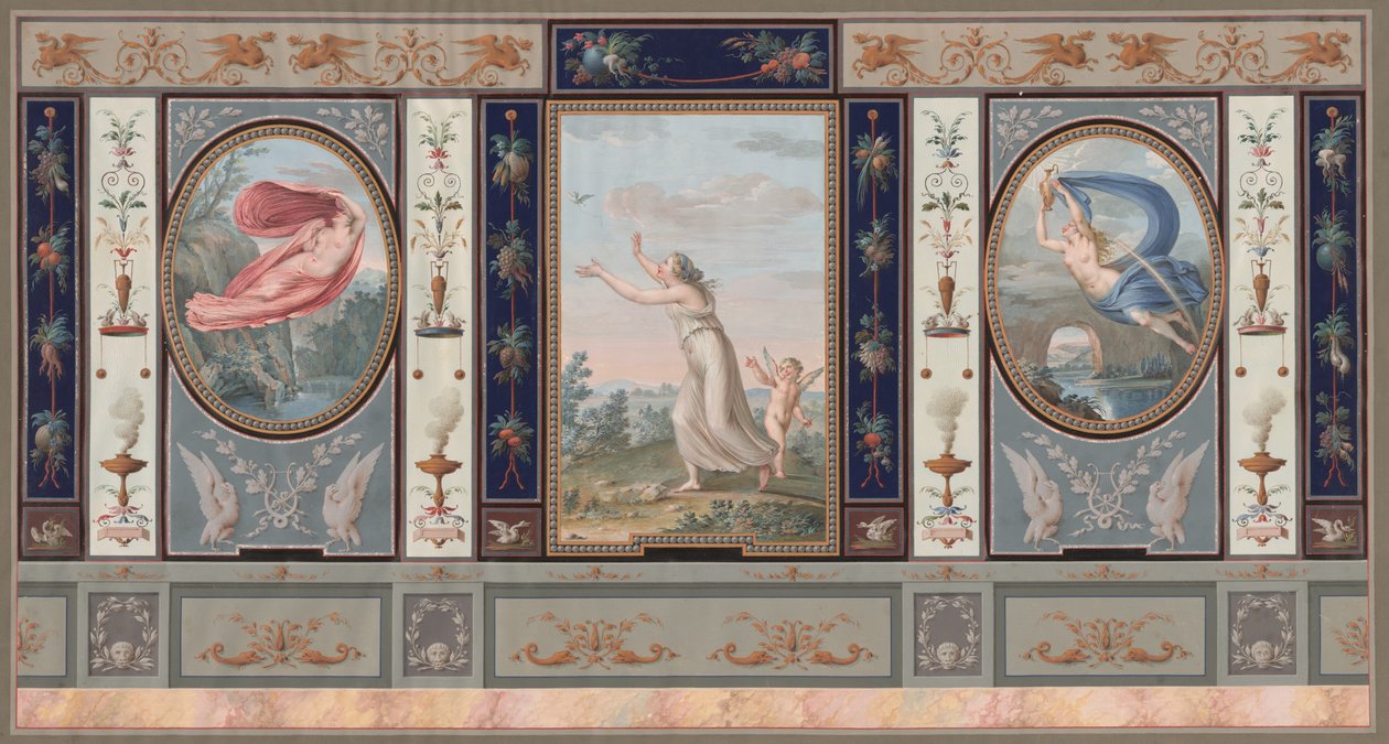 Genomarbetad väggdekoration med Endymion och Hebe av Tommaso Bigatti