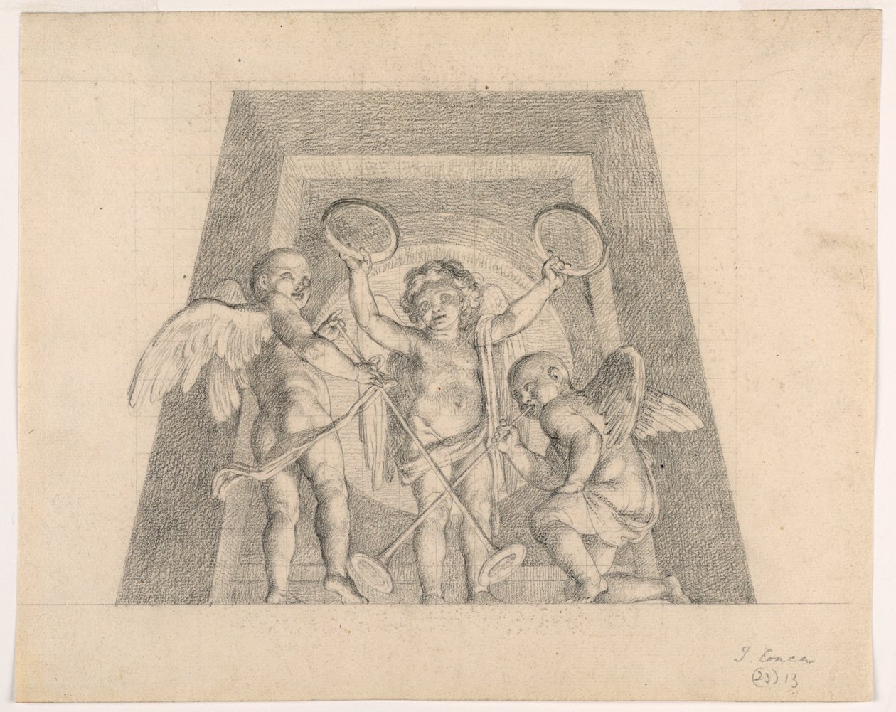 Tre Putti med tamburiner och trumpeter, Design för Lunett av Sala delle Muse, Museo Pio-Clementino, Vatikanen av Tommaso Maria Conca