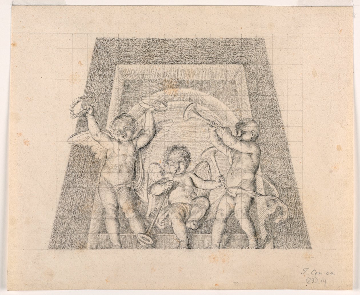 Tre Putti med trumpeter, Design för Lunett av Sala delle Muse, Museo Pio-Clementino, Vatikanen av Tommaso Maria Conca