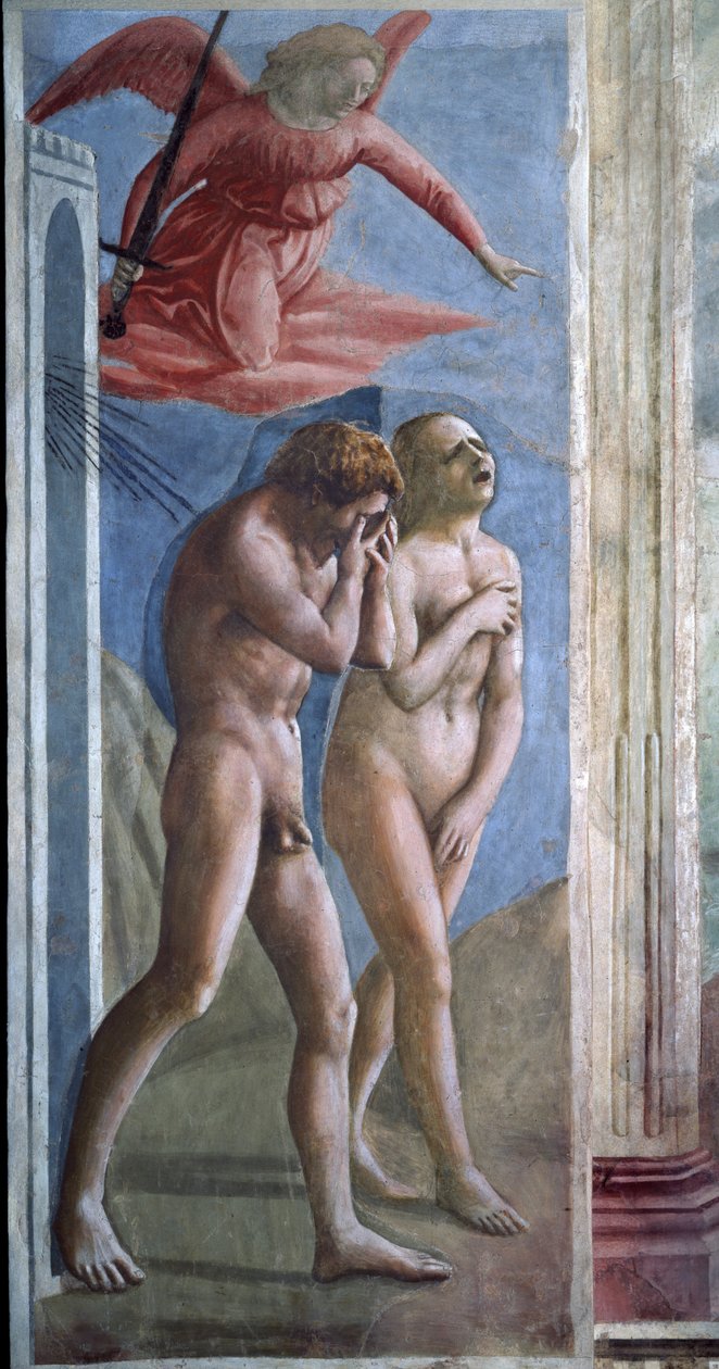Adam och Eva jagar ut från himlen. (fresk av Tommaso Masaccio