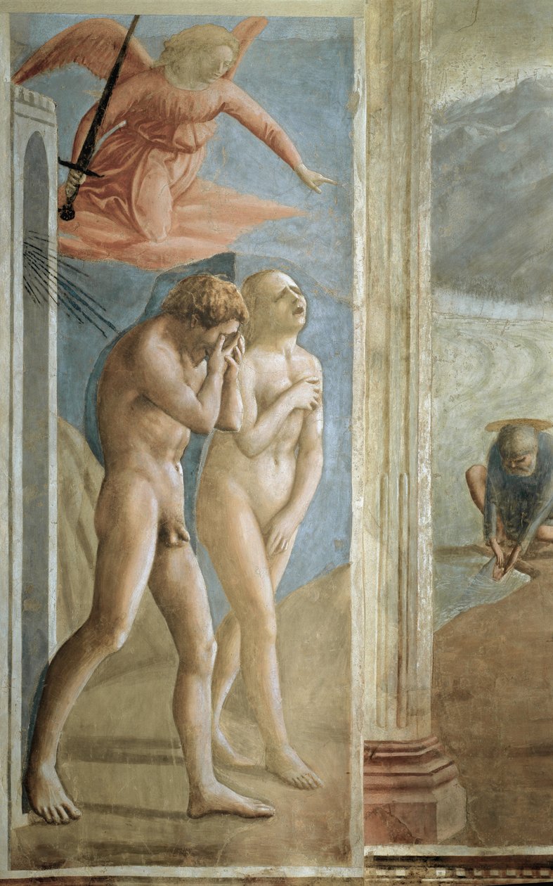 Utvisning från Edens lustgård (La Cacciata) - Adam och Eva jagar från Edens lustgård - Fresk av Tommaso di ser Giovanni di Mone Cassai dit Masaccio (1401-1428), 208x88 cm av Tommaso Masaccio