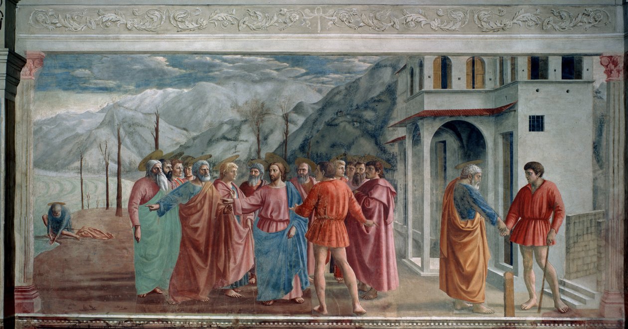 Betalningen av hyllningen (The Tribute Money). Jesus och apostlarna anländer till Kapernaum (eller Kefar Nahum, staden Galileen, idag i Israel) där de måste betala skatt för att komma in. Till vänster förklarar Jesus för Petrus att han måste fånga en fisk  av Tommaso Masaccio