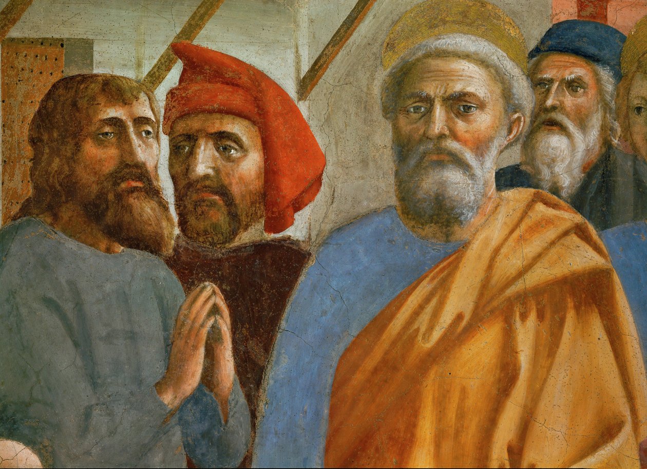 Sankt Peters skugga faller på den sjuke ... (muralmålning) av Tommaso Masaccio