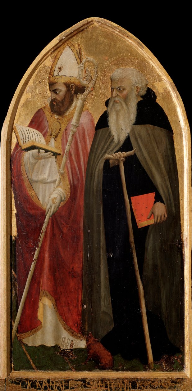 San Giovenale Triptyk: höger panel med Sankt Antonius den store och Sankt Juvenal (Giovenale) - altartavla av Tommaso Masaccio