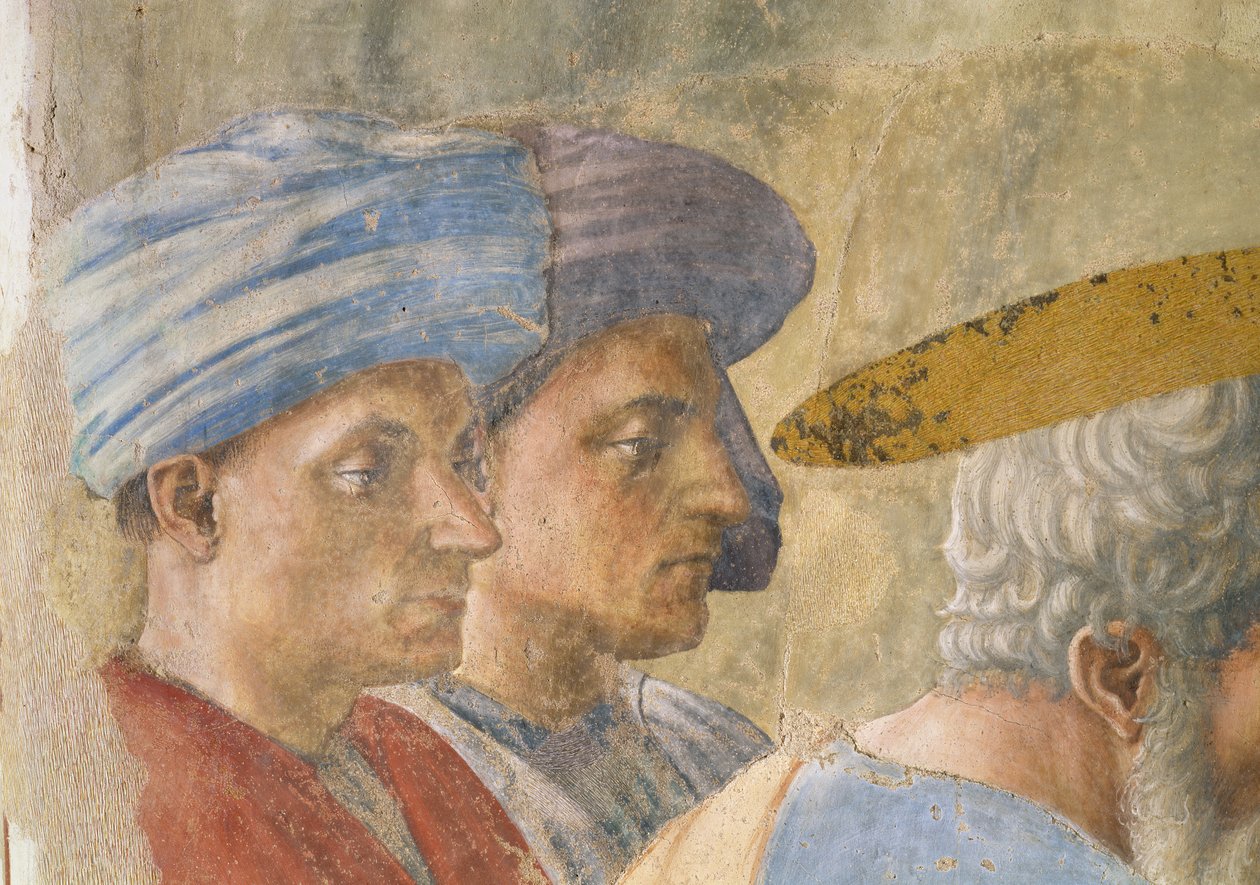St. Peter som dopar neofyterna: detalj av två turbannade observatörer, fresk ca 1427 av Tommaso Masaccio