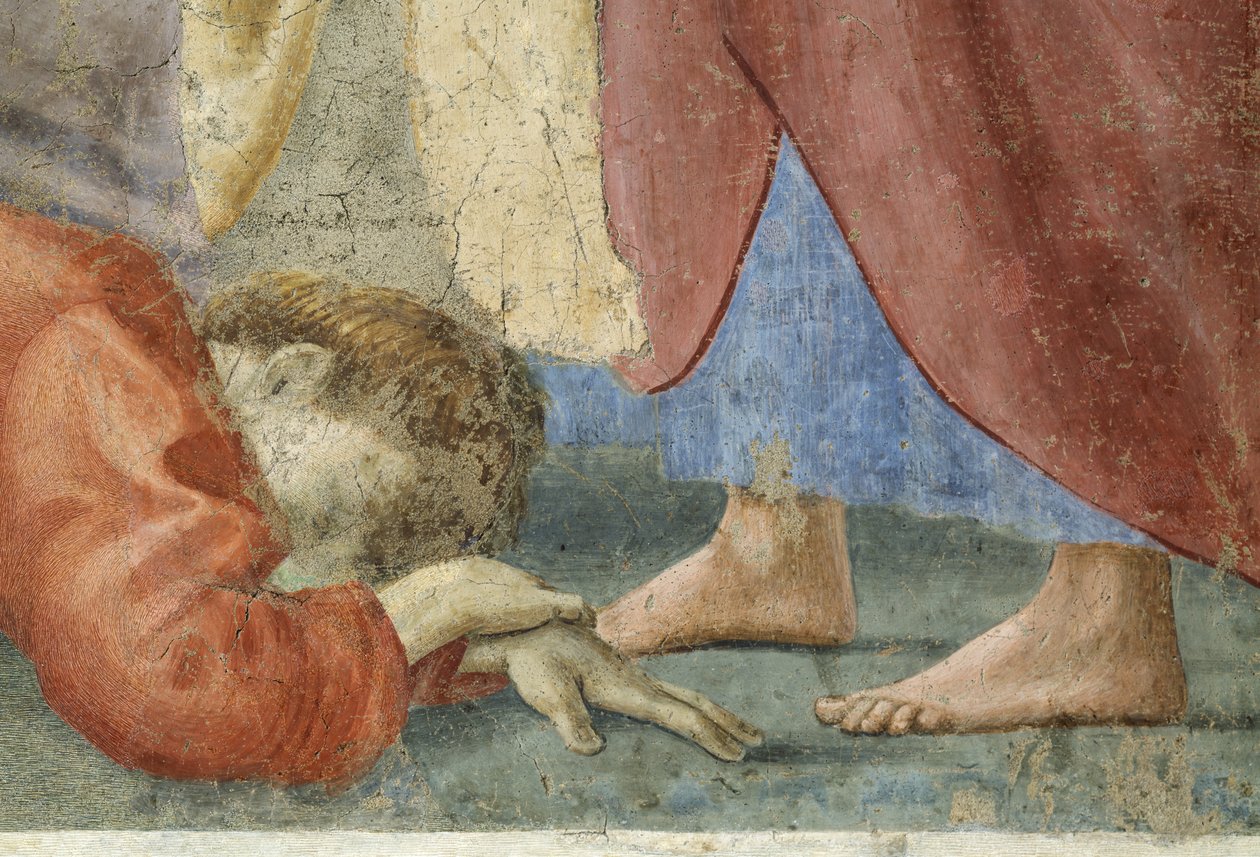 St. Peter som distribuerar kyrkans gemensamma gods, och Ananias död, Detalj av Ananias, död vid St. Peters fot, ca 1427 fresk se även 57194, 63322 & 63323 av Tommaso Masaccio