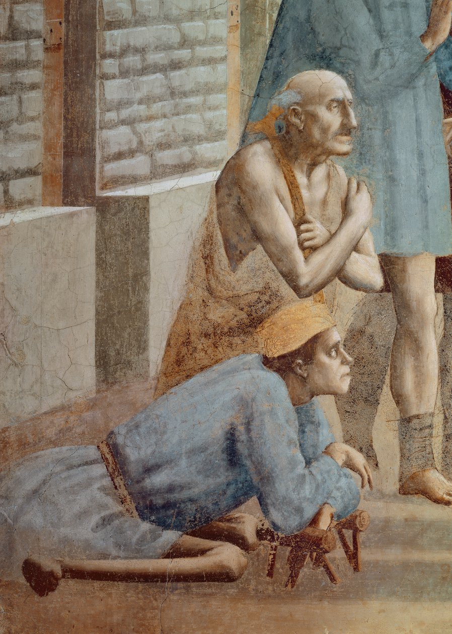 St. Peter Healing With His Shadow detalj av krymplingen, ca 1427 se även 60321 & 63310 fresk av Tommaso Masaccio