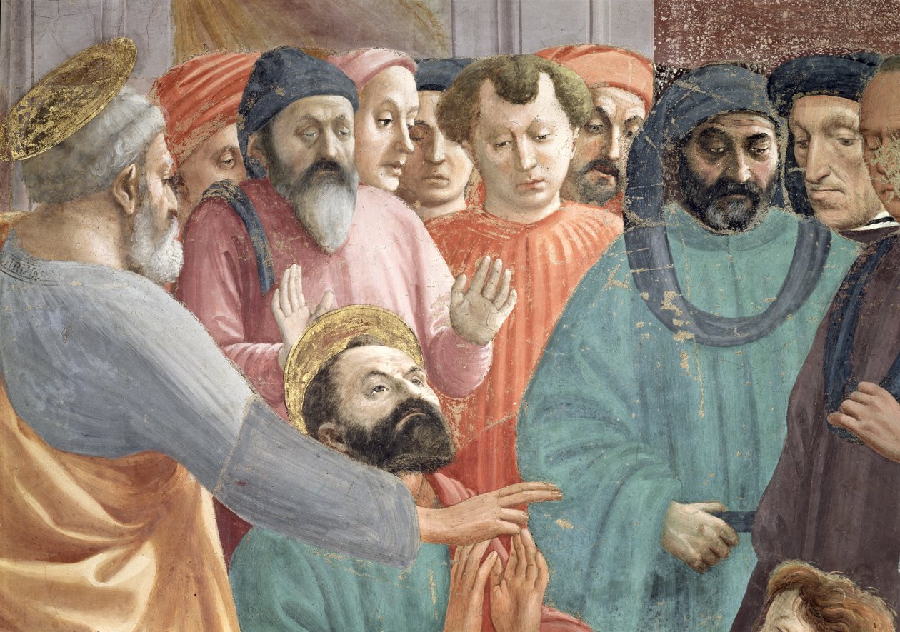 Uppfostran av Sonen till Theofilus, kung av Antiokia Detalj av SS. Peter och Paul och ansikten i folkmassan, fresk ca 1427, se även 63302 av Tommaso Masaccio