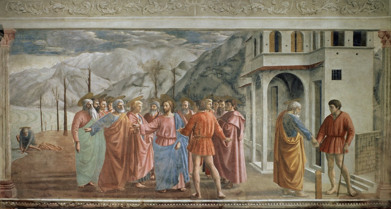 Tribute Money - Le paiement du tribut (Hyllningen) - Fresco av Tommaso di ser Giovanni di Mone Cassai dit Masaccio (1401-1428), 254,5x598,3 cm av Tommaso Masaccio