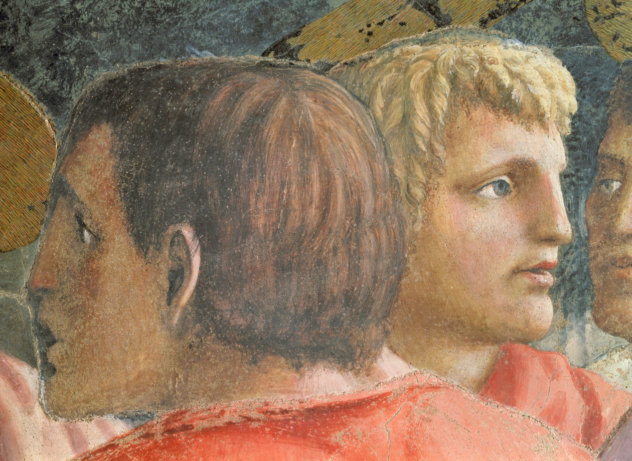 Tribute Money Skatteindrivaren och en apostel - detalj av fresk från 31642 c.1427 av Tommaso Masaccio