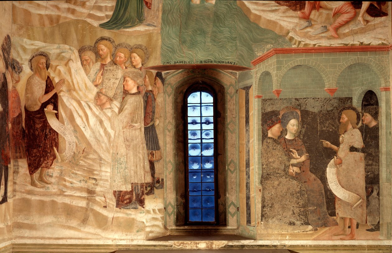 Avsnitt av Johannes Döparens liv: predikan av Johannes Döparen i öknen och Johannes Döparen står inför en Herode - av Tommaso Masolino da Panicale