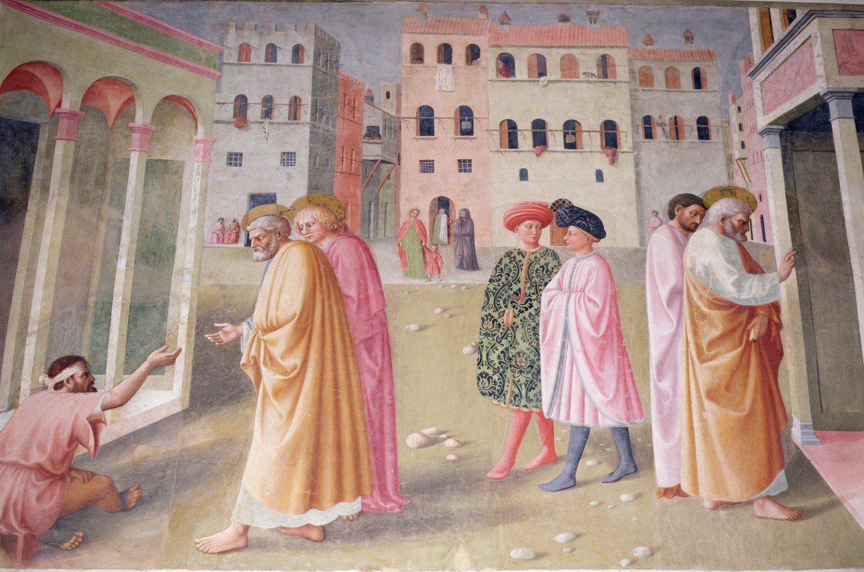 Läkning av krymplingen och uppfostran av Tabitha av Tommaso Masolino da Panicale