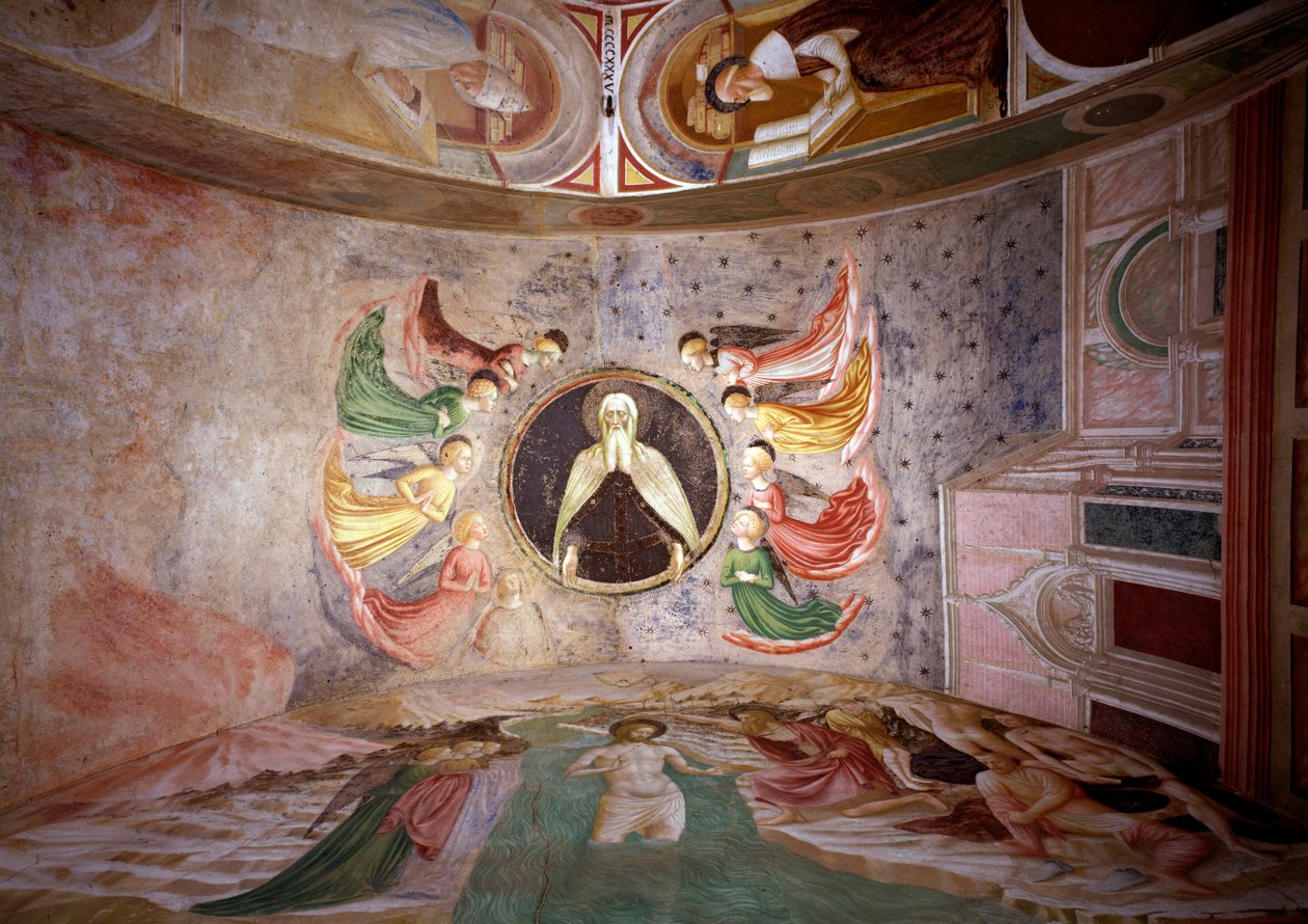 Johannes Döparens livscykel: ""Gud Fadern omger änglar"", Kristi dop och den helige Hieronymus i hans studie - av Tommaso Masolino da Panicale