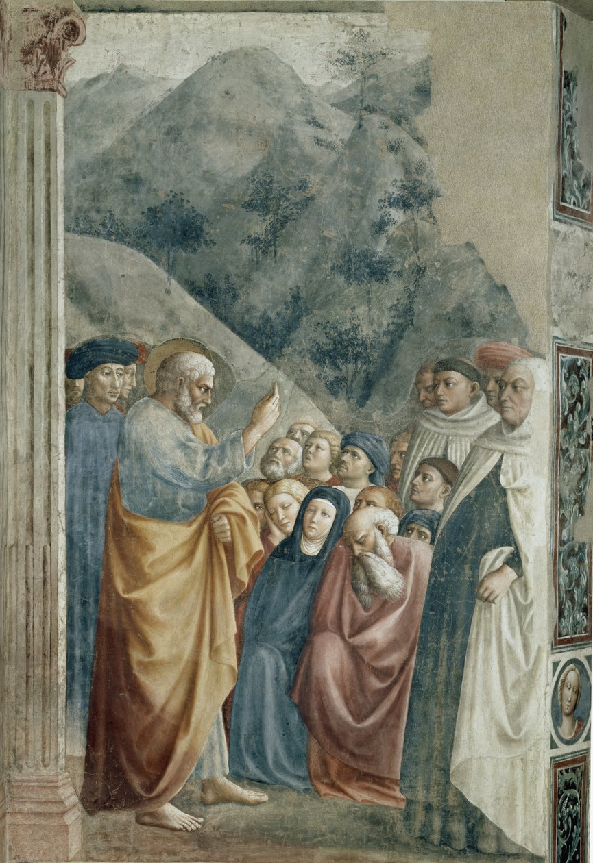 Predikation av St. Peter - Fresco av Tommaso di Cristoforo Fini dit Masolino da Panicale (1383-cirka 1440), 255x162 cm, cirka 1425. Florens, Santa Maria del Carmine-kyrkan, Brancacci-kapellet av Tommaso Masolino da Panicale