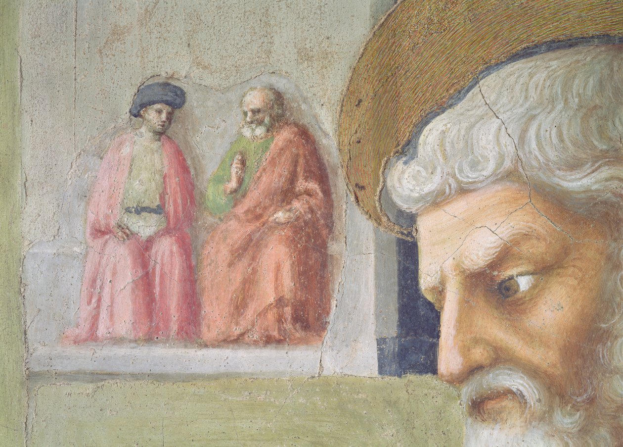 S:t Peter som helar en krympling och höjer Tabitha Detalj av St. Peters huvud med två sittande figurer i fjärran, ca 1427 fresk se även 57195 av Tommaso Masolino da Panicale
