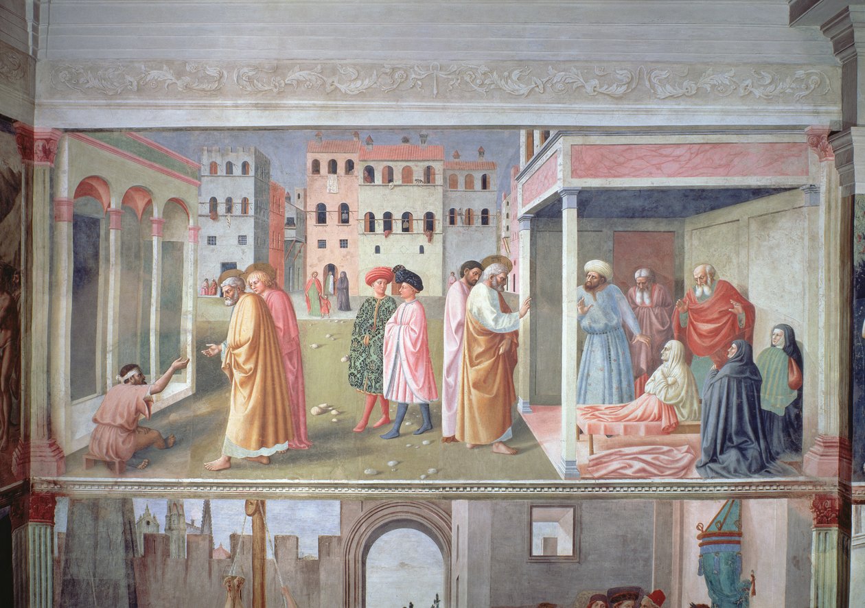 S:t Peter som helar en krympling och resningen av Tabitha, fresk ca 1427, se 60508 för detaljer om den senare av Tommaso Masolino da Panicale